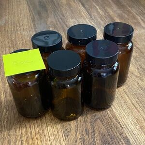 Set of 6 -5oz Amber Glass Bottles with Black Lids. Recycled.